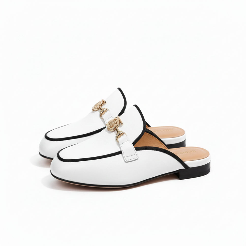 Stylish White Leather Slip On Loafer with Gold Buckle